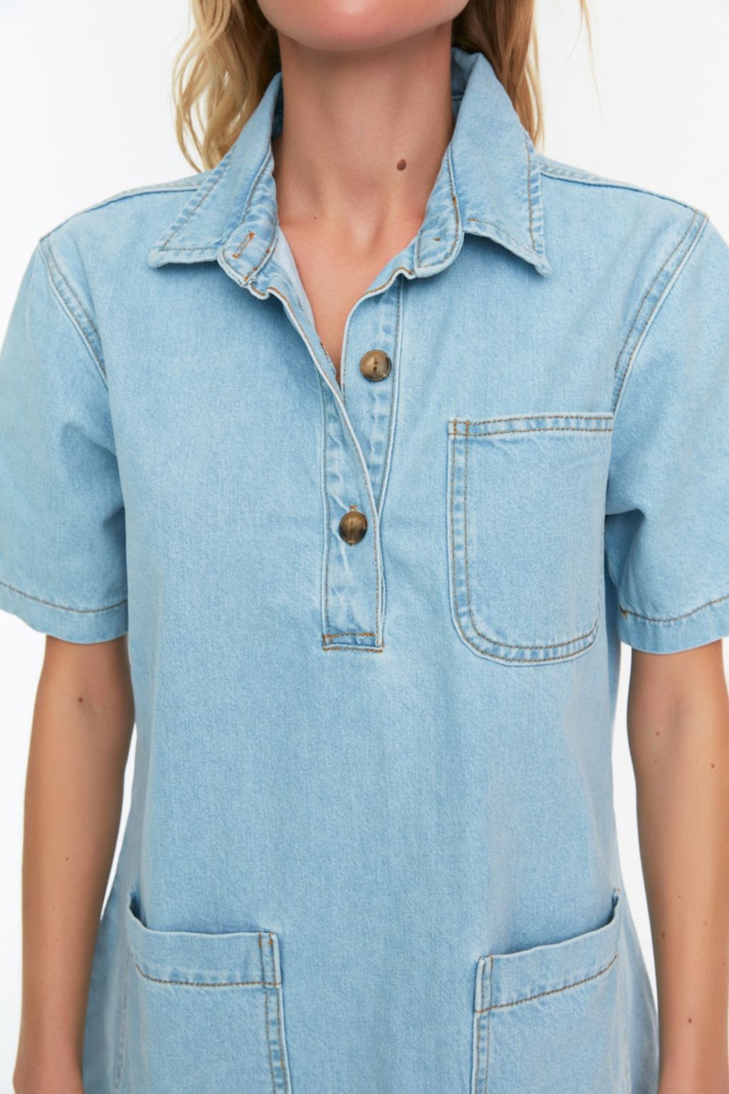 TRENDYOLMILLA Mavi Cep Detayl? Oversize Mini Denim Gomlek Elbise TWOSS22EL3022 фото 13