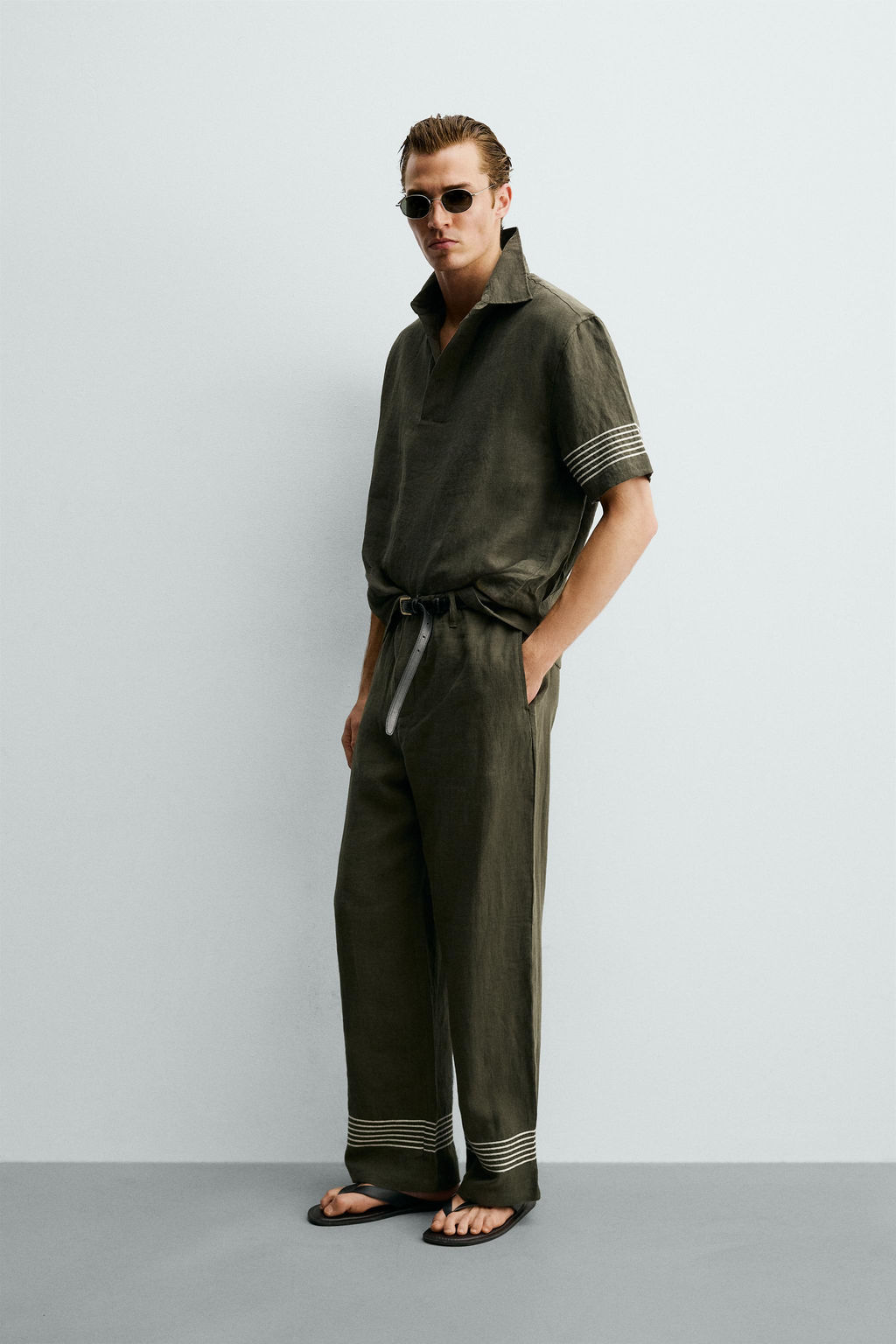 PANTAL?N RELAXED FIT 100% LINO / Khaki oscuro