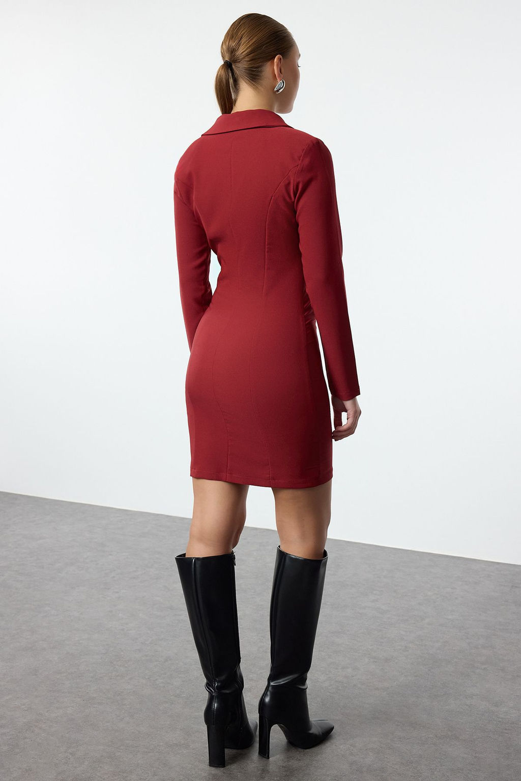 Bordo Ceket Yaka Fermuar Detayl? Dokuma Elbise TWOAW24EL00292