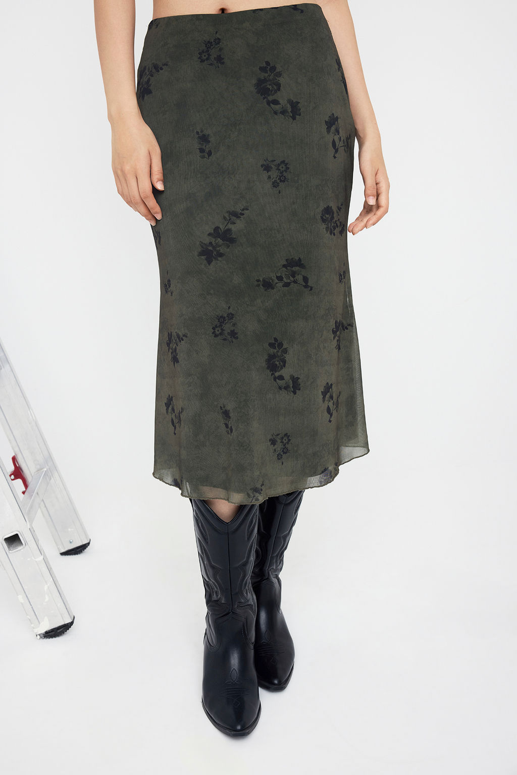 Teen Haki Cicek Bask?l? Bodycon Tul Esnek Orme Etek TWOAW26ET00036