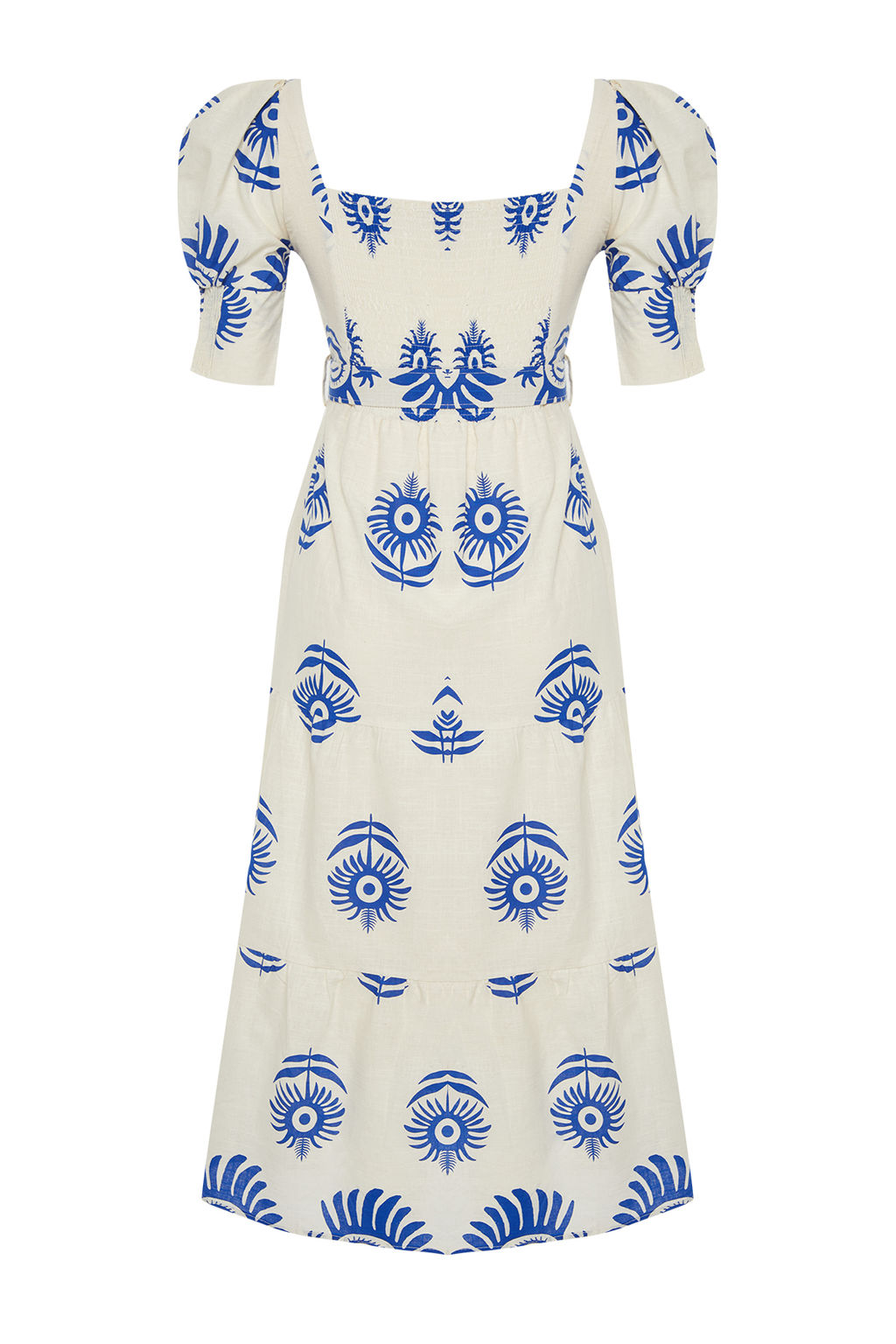 Pembe Desenli Kare Yaka Keten Gorunumlu Kemerli Midi Dokuma Elbise TWOSS24EL00779 - Trendyolmilla фото 16