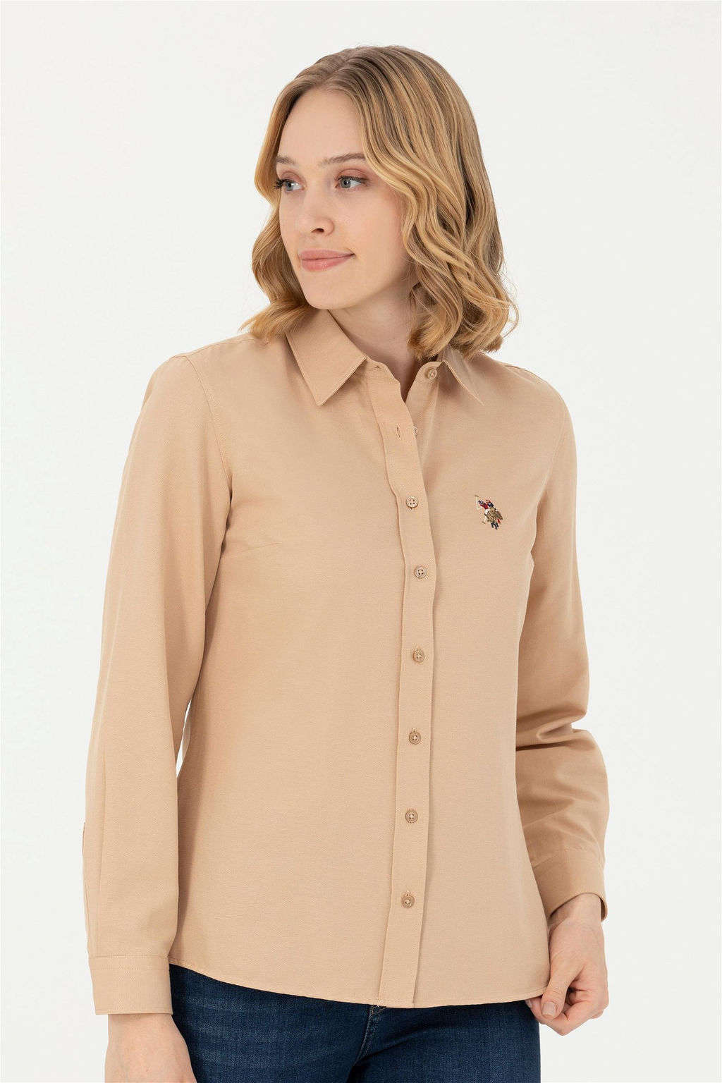 Женская базовая рубашка песочного цвета с длинным рукавом - U.s. polo assn фото 8