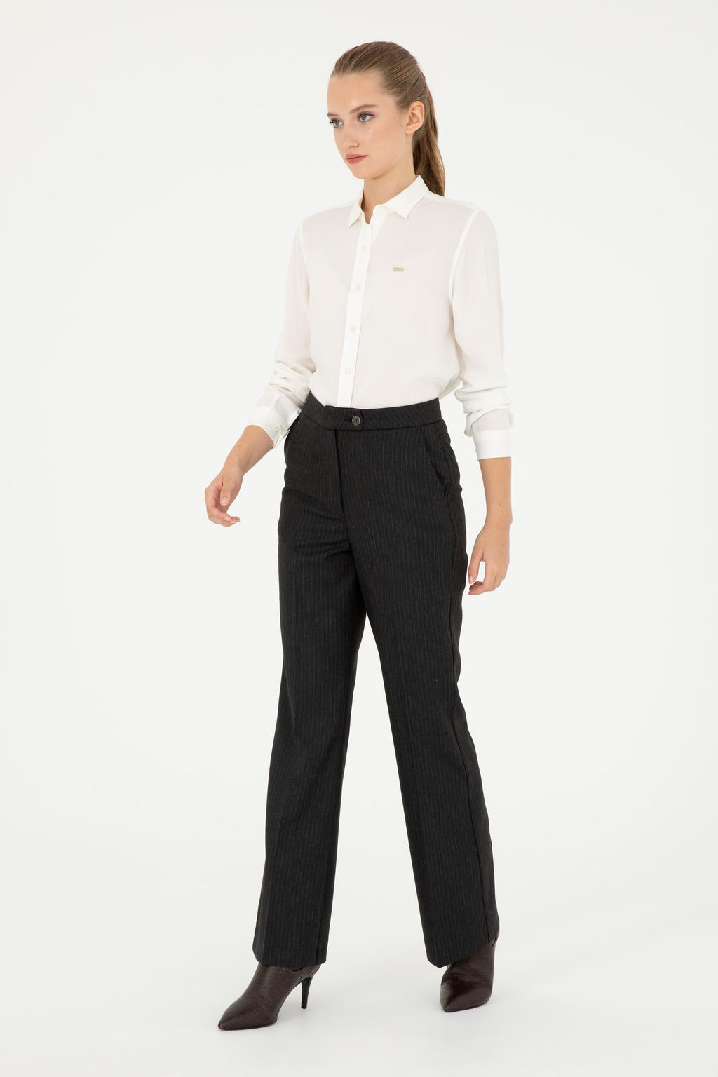 Kad_n Antrasit _izgili Slim Flare Fit Kanvas Pantolon