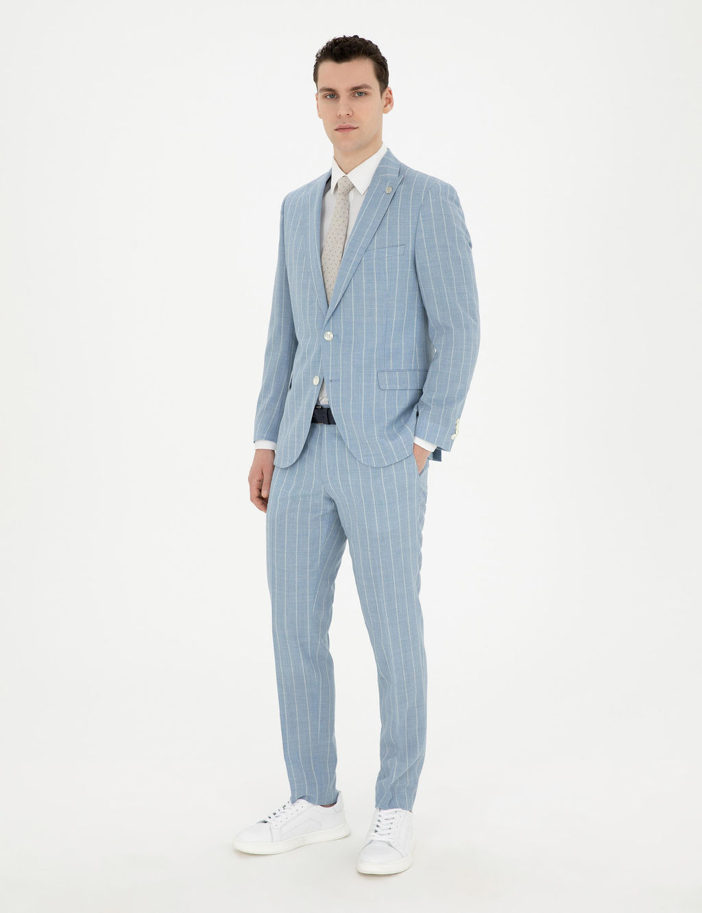 A__k Mavi Ekstra Slim Fit _izgili Y_n Tak_m Elbise