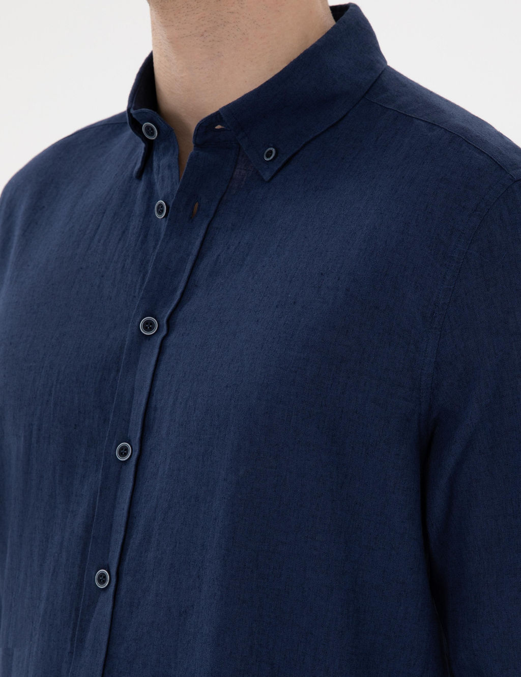 Lacivert Keten Kar___ml_ Regular Fit Uzun Kollu G_mlek