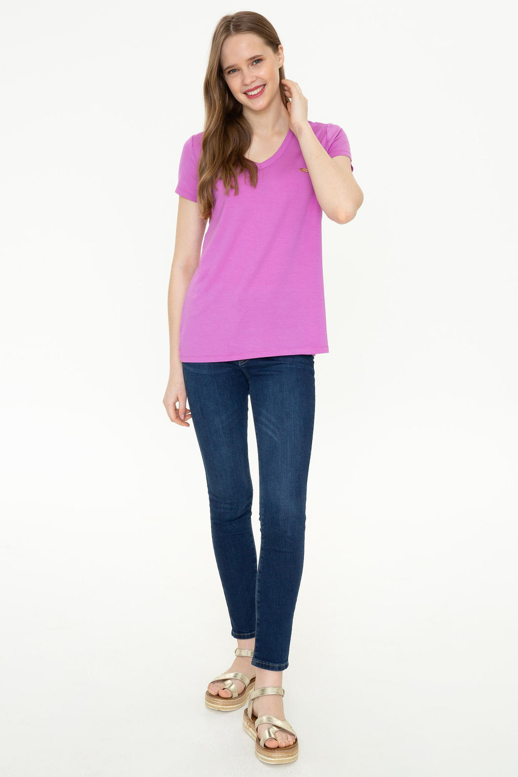 Женская фиолетовая футболка с V-образным вырезом Basic - U.s. polo assn фото 16