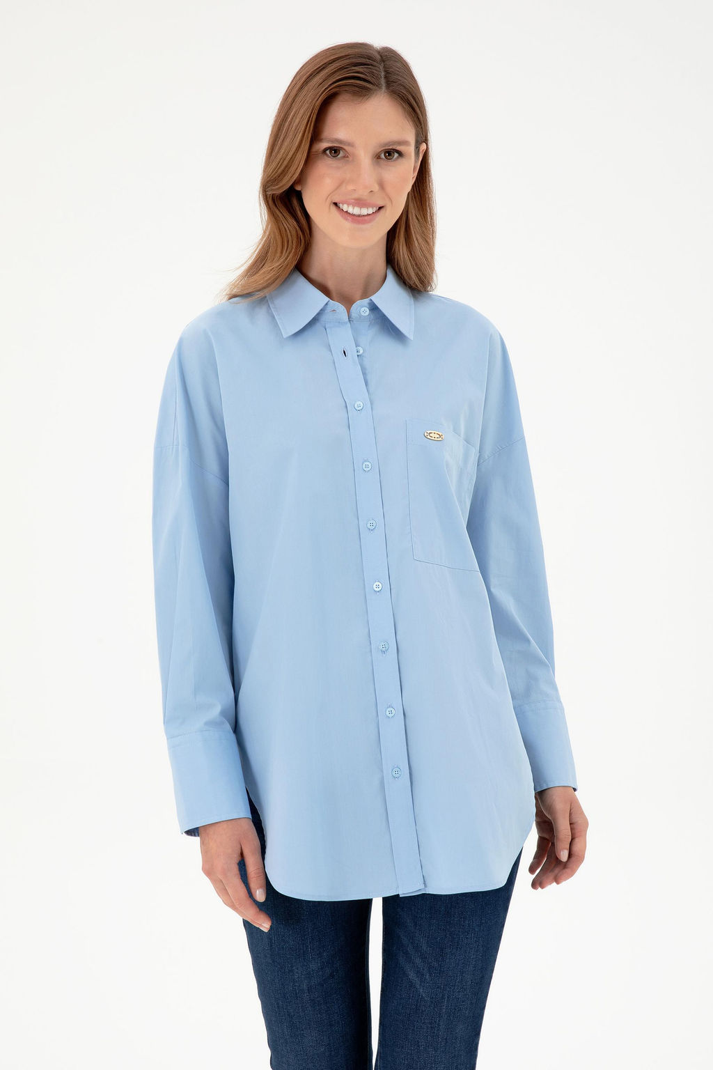 Женская голубая рубашка с длинным рукавом Неожиданная скидка в корзине