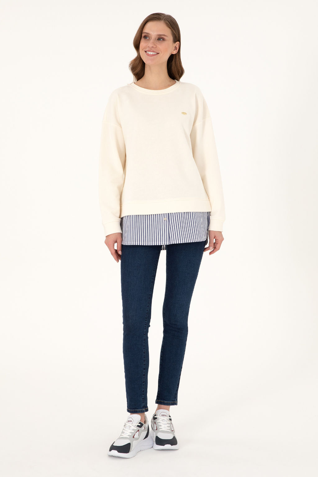 Kad_n Krem G_mlek Detayl_ Bisiklet Yaka Sweatshirt