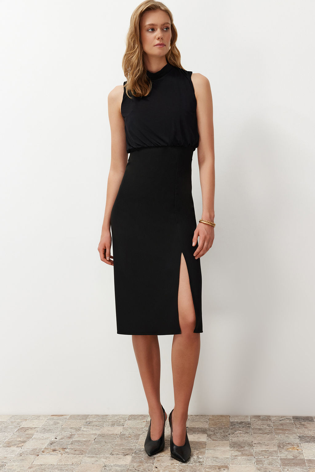 Siyah A Kesim Degaje Yaka Midi Dokuma Elbise TWOSS24EL00689 - Trendyolmilla фото 5