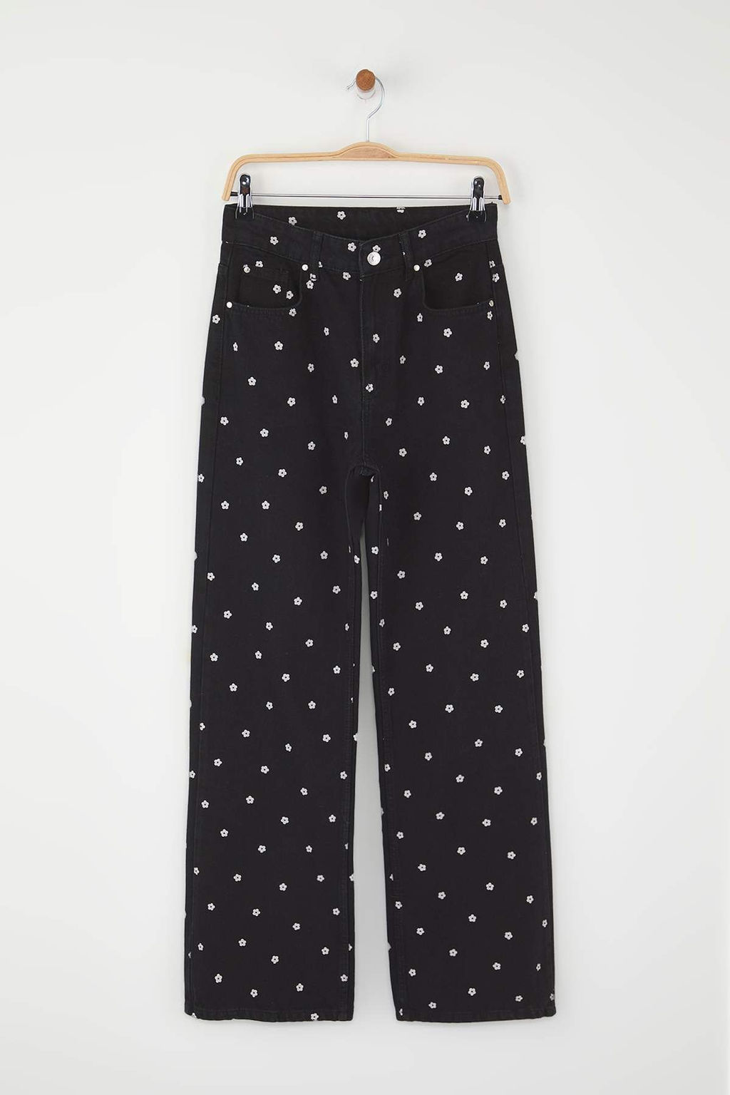 Teen Siyah Cicek Desenli Normal Bel Wide Leg Jeans TWOAW26JE00004 - Trendyolmilla фото 5