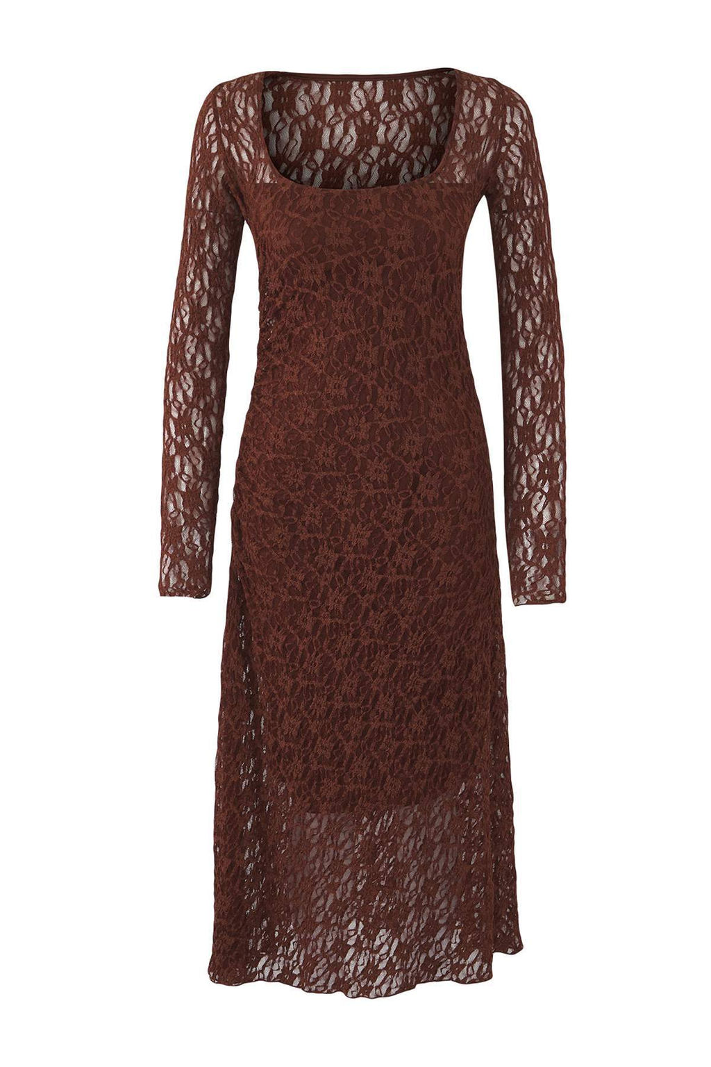 Kahverengi Dantel Bodycon Midi S?rt Dekolteli Astarl? Esnek Orme Elbise TWOAW26EL00016