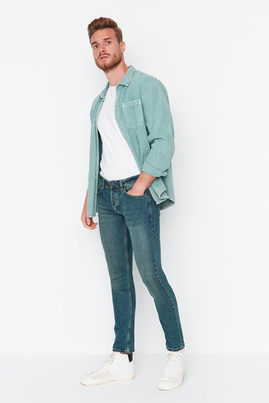 TRENDYOL MAN Indigo Skinny Fit Esnek Kumas Dar Kesim Eskitme Gorunumlu Jeans Kot Pantolon TMNAW22JE0311 - Trendyolmilla фото 3