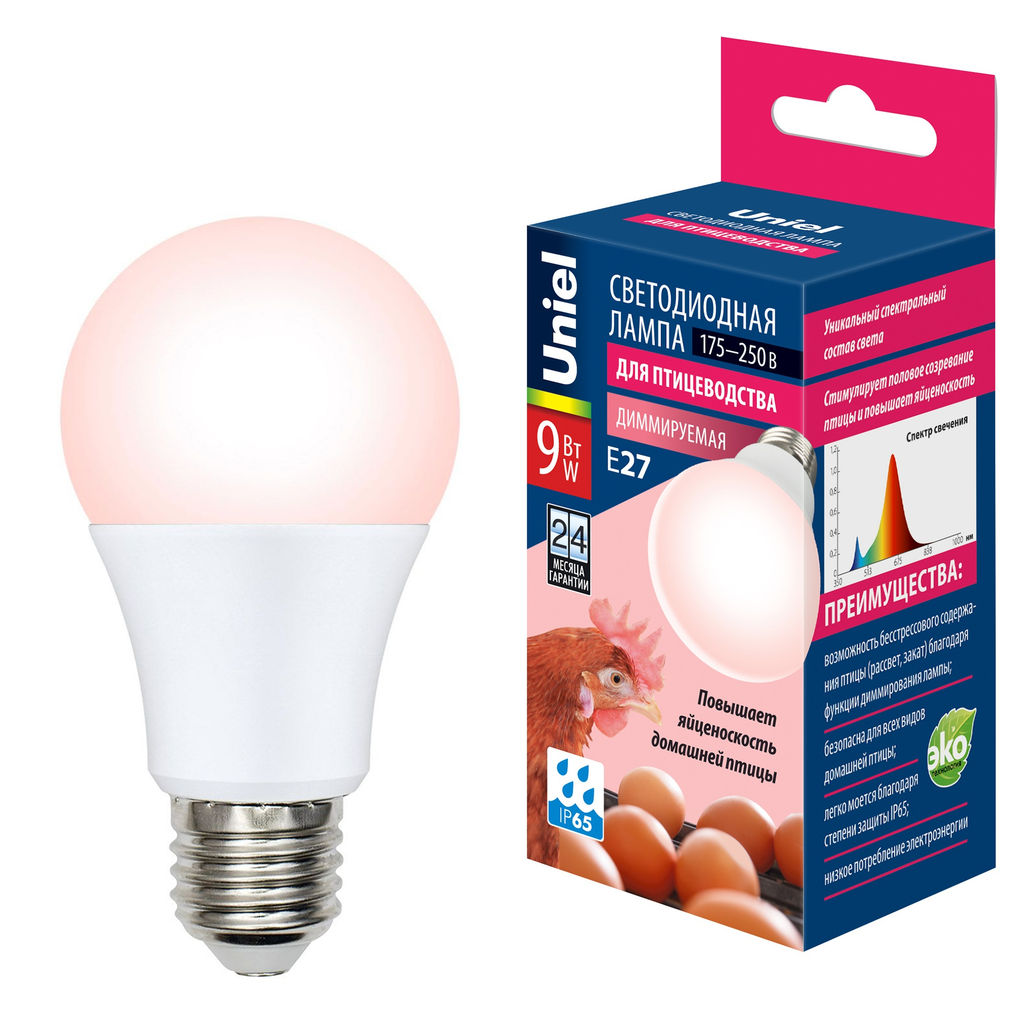 LED-A60-9W/SCEP/E27/FR/DIM IP65 PLO65WH Лампа светодиодная диммируемая для птиц. Спектр для яйценоскости. TM Uniel.