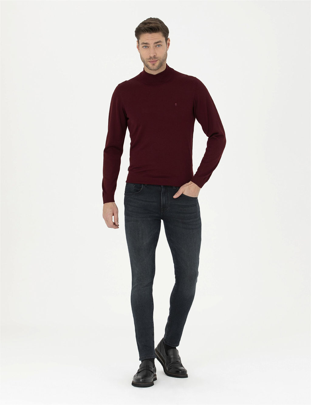 K_rm_z_ Slim Fit Yar_m Bal_k__ Yaka Y_n Kar___ml_ Basic Triko Kazak