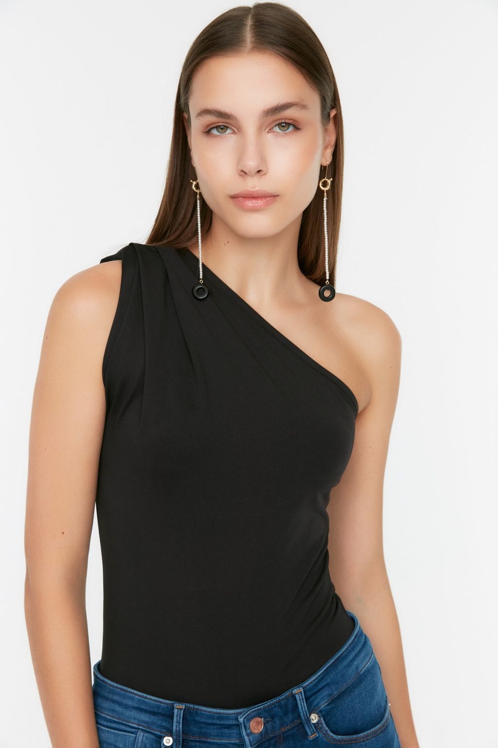 Siyah Asimetrik Yakal? Alttan C?tc?tl? Esnek Orme Body TWOSS22BD00014