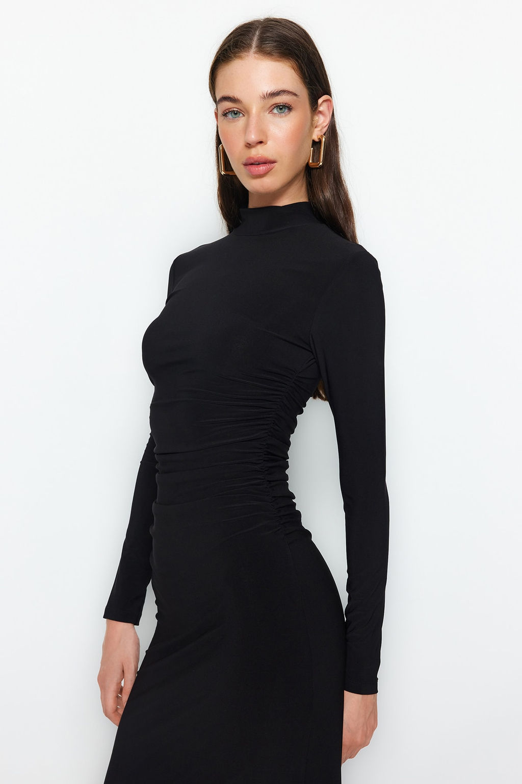 TRENDYOLMILLA Mavi Duz Drape Detayl? Dik Yaka A-Line Esnek Midi Orme Orme Elbise TWOAW24EL00133 фото 4