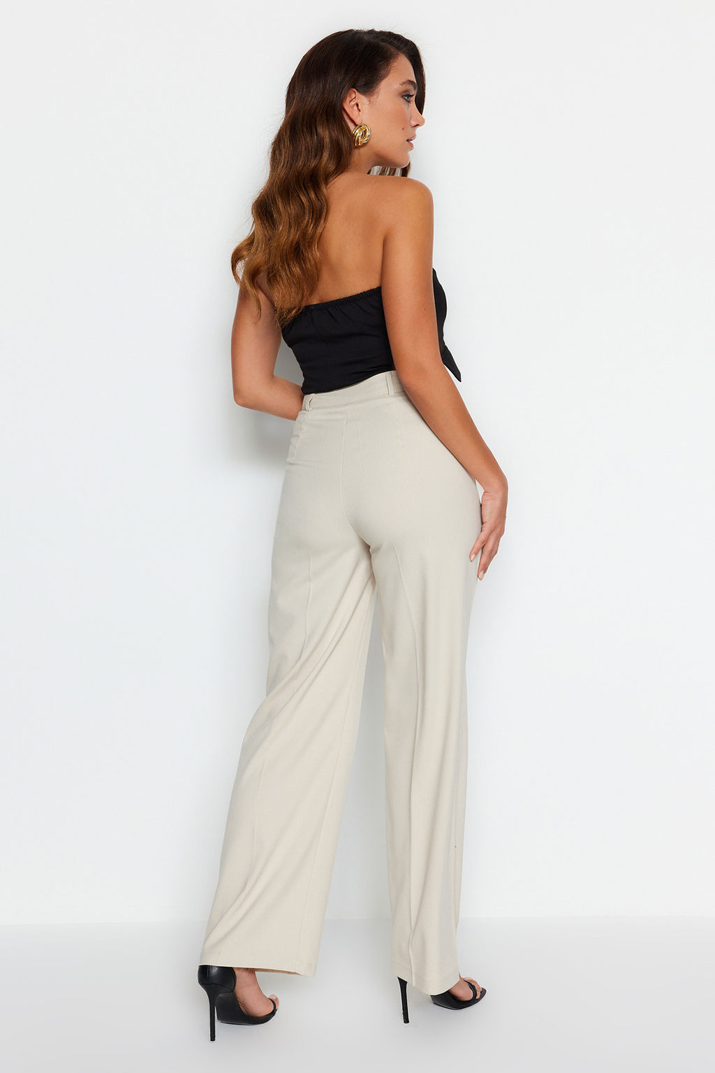 Bej Wide Leg/Genis Paca Yuksek Bel Dokuma Kumas Pantolon TWOSS23PL00314