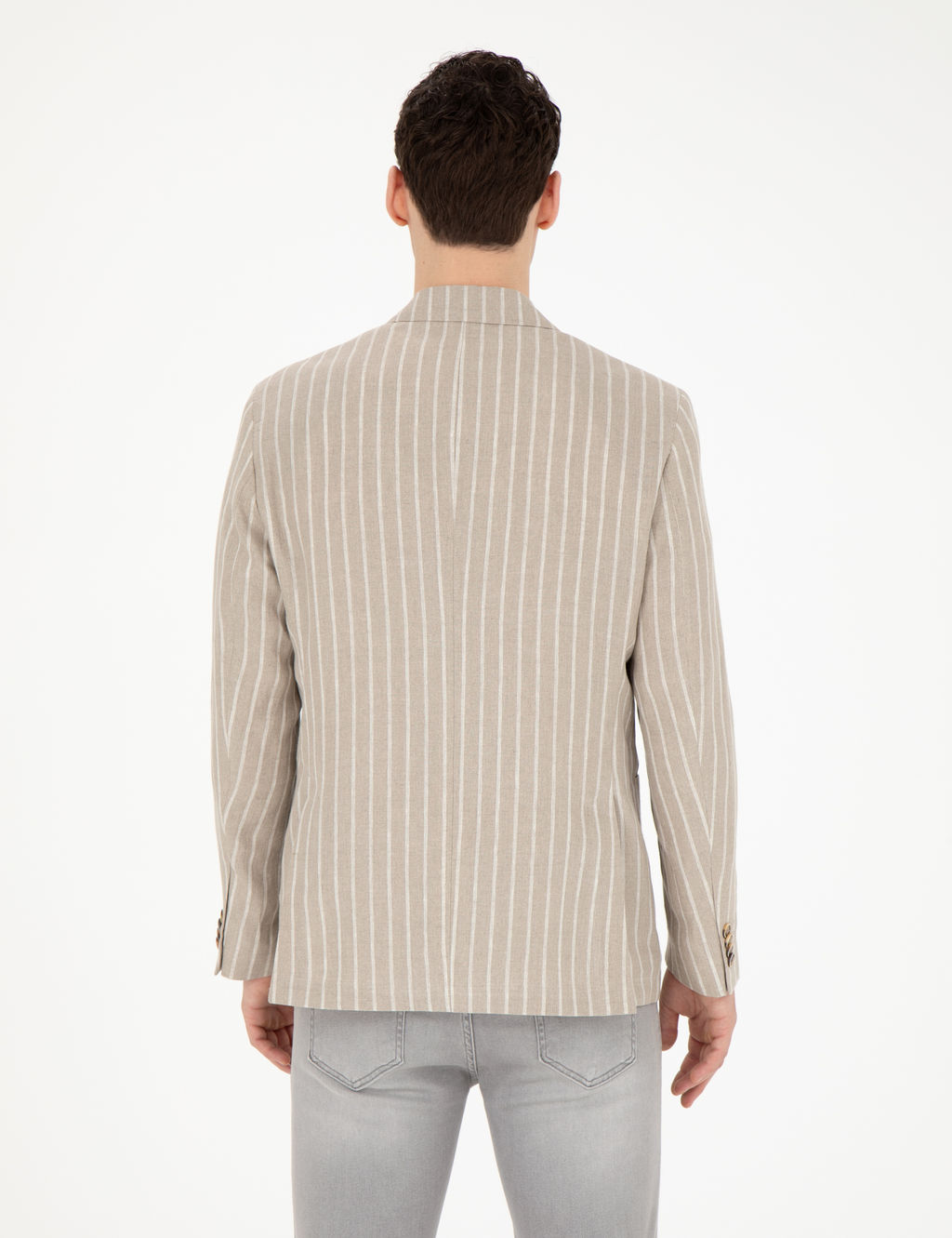 A__k Kahverengi Slim Fit Keten _izgili Ceket