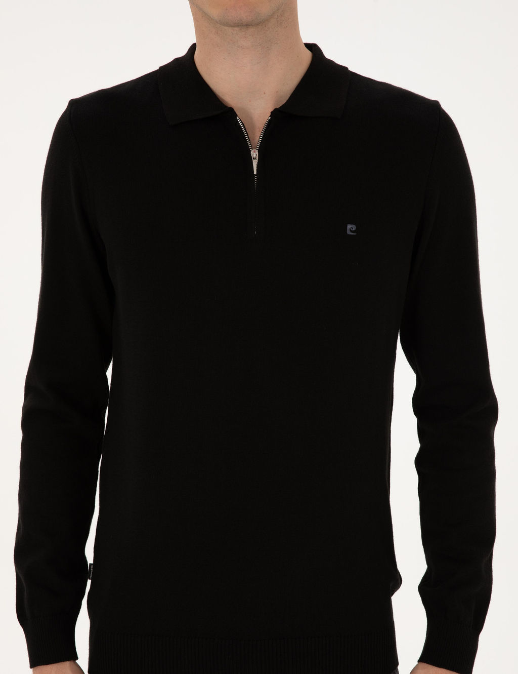 Siyah Slim Fit Polo Yaka Fermuarl_ Basic Triko Kazak - Pierre cardin фото 6