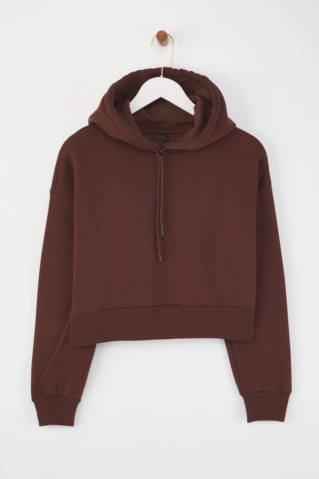 Kahverengi Kal?n Ici Polarl? Kapusonlu Rahat Kesim Crop Basic Orme Sweatshirt TWOAW24SW00105