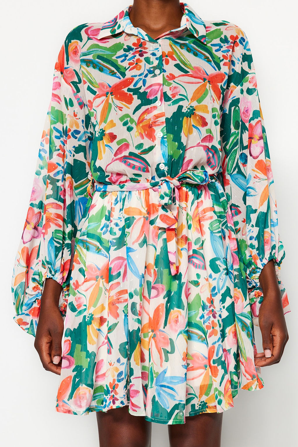 Cok Renkli Cicek Desenli Belden Ac?lan Mini Astarl? Sifon Ucus Ucus Dokuma Elbise TWOAW24EL00841