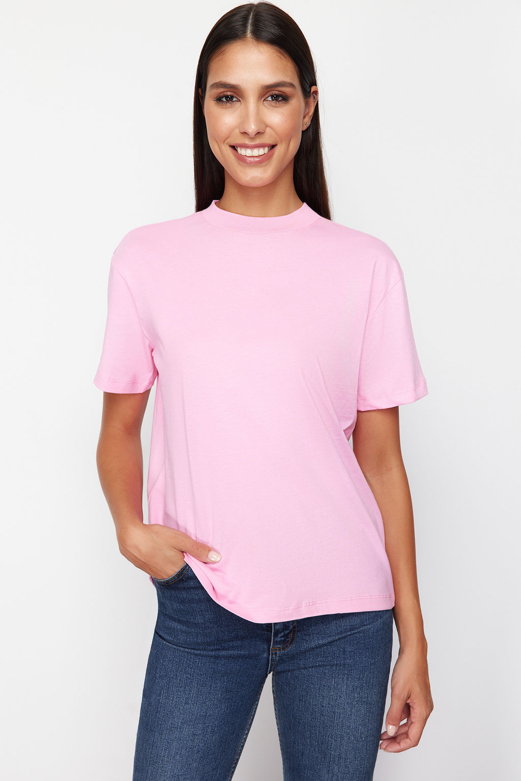 Pembe-Siyah 2li Paket %100 Pamuk Basic Dik Yaka Orme T-Shirt TWOSS20TS1500