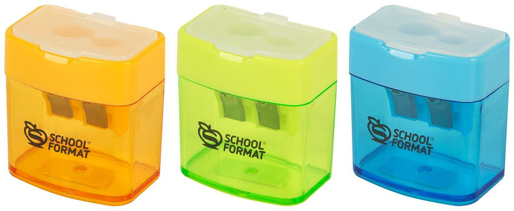 Цена за 5 шт. Точилка Schoolformat КУБИК с контейнером, ассорти, корпус пластик, 2 отверстия, в дисплее