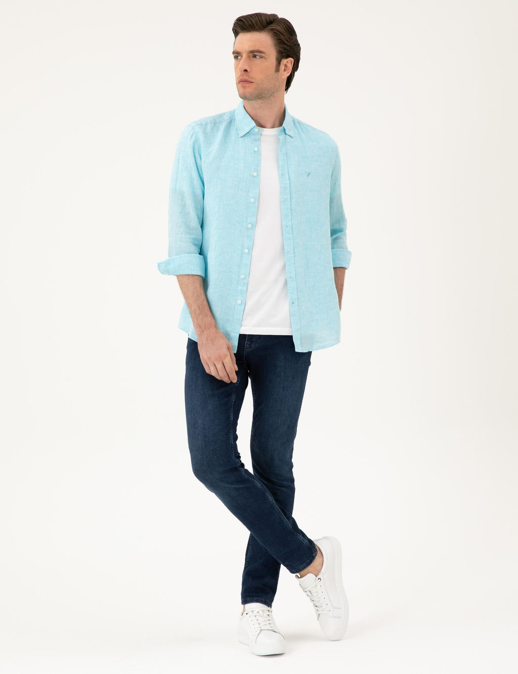 Turkuaz Regular Fit %100 Keten G_mlek