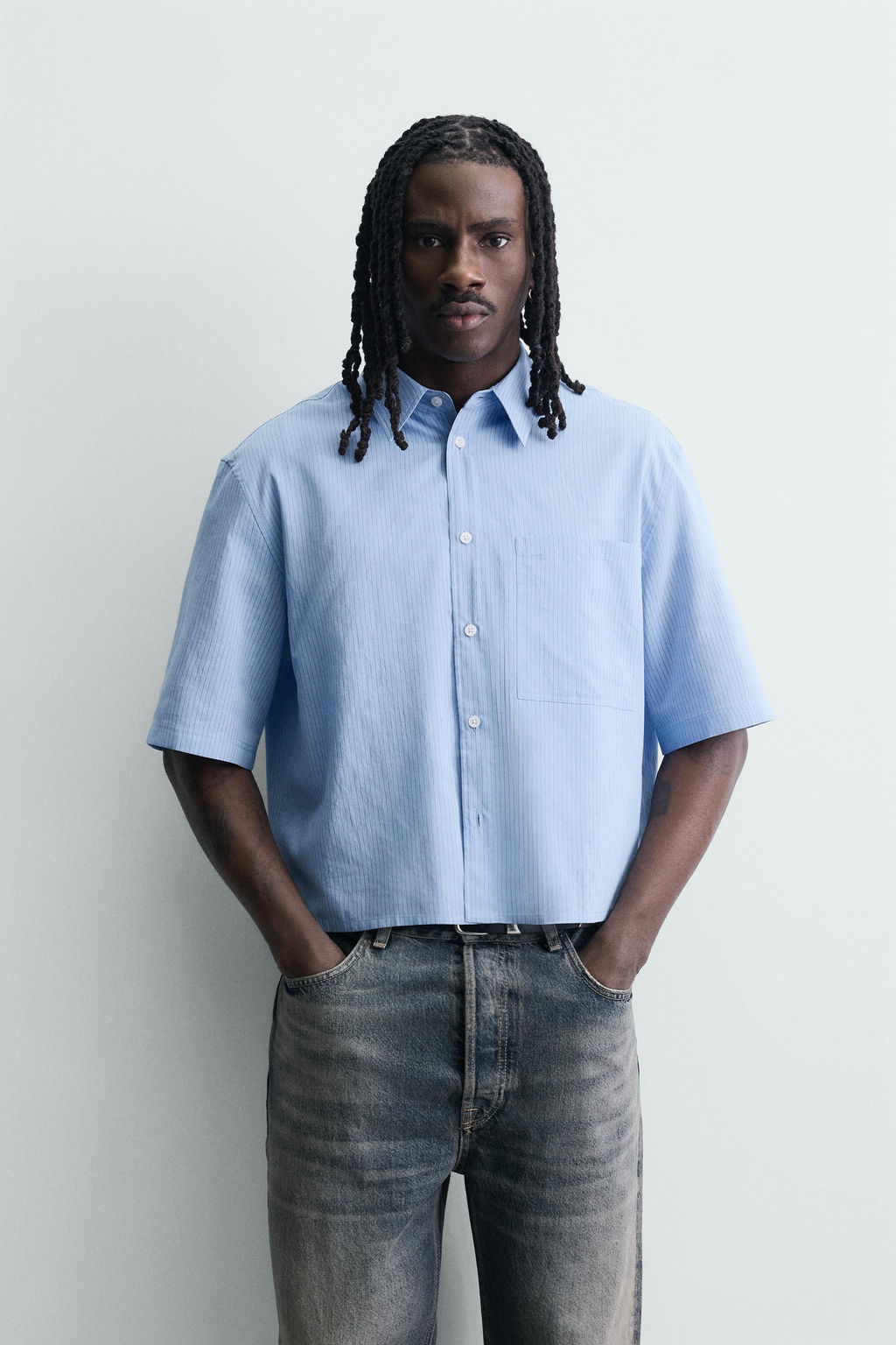 CAMISA CROPPED FIT CUADROS / Azul claro - Zara фото 2