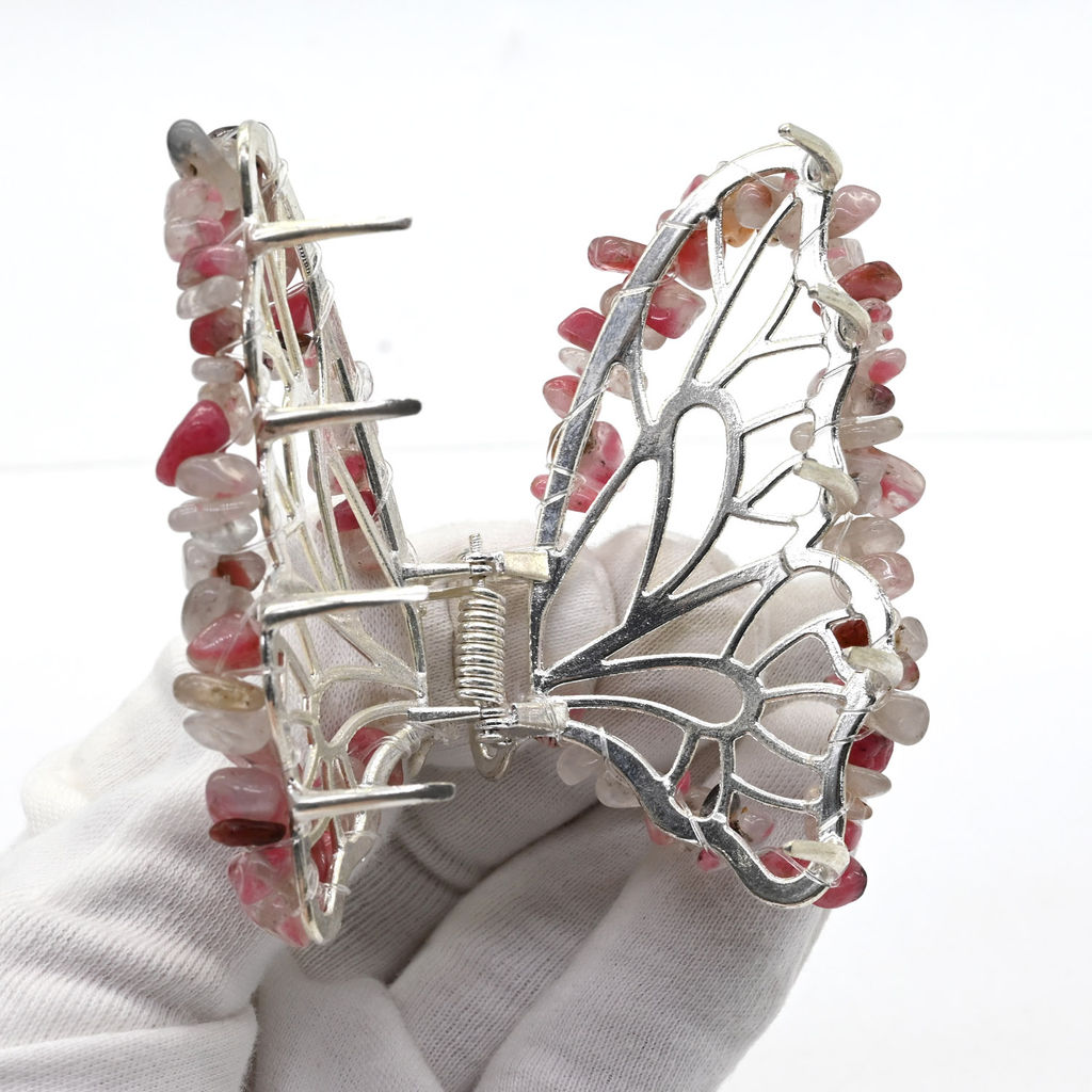 Заколка краб для волос бабочка кварц с включением родонита 8*3,5*5см