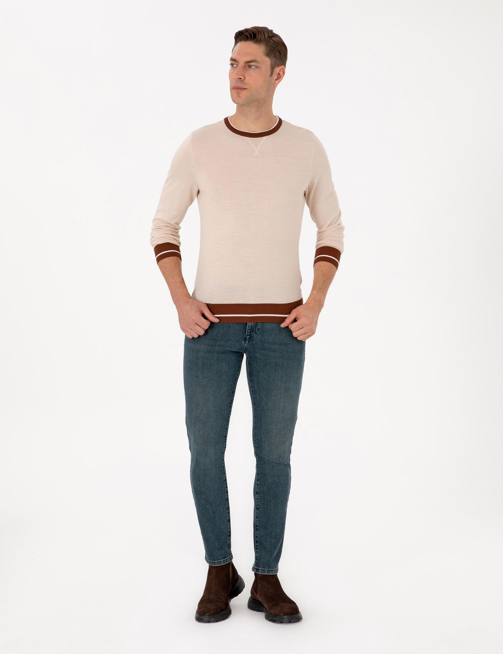 Kum Melanj Slim Fit Bisiklet Yaka Y_n Kar___ml_ Triko Kazak - Pierre cardin фото 4