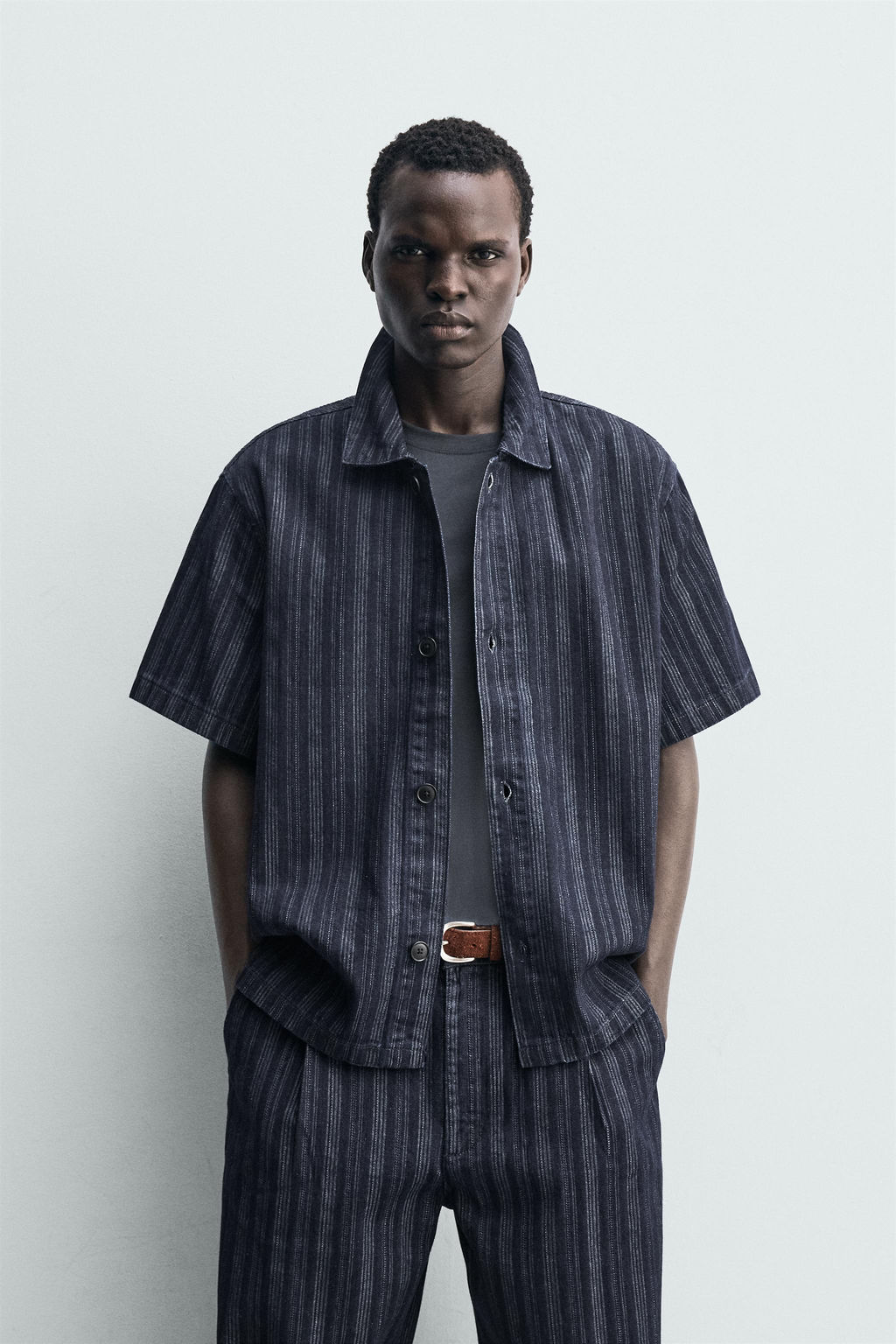 CAMISA RELAXED FIT JACQUARD RAYAS / Azul