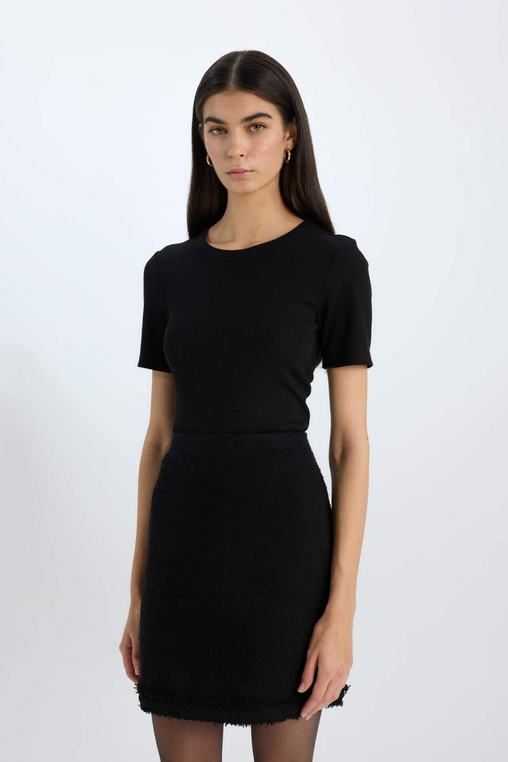 Slim Fit Dar Kesim Bisiklet Yaka Basic Duz Fitilli Kaskorse K?sa Kollu Tisort - Defacto фото 4