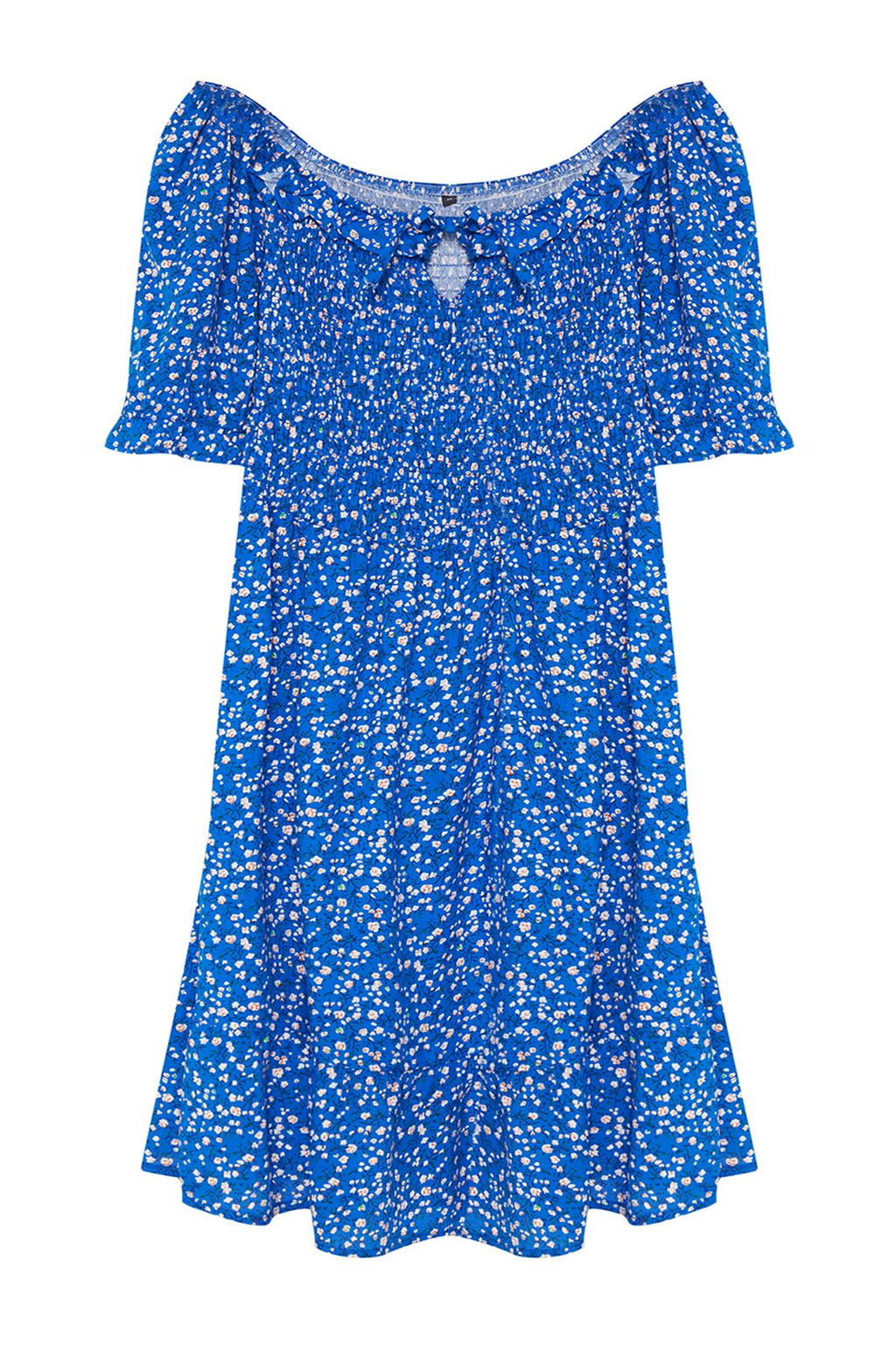 Mavi Cicekli Desenli Skater Etekli Carmen Yaka Viskon Dokuma Elbise TWOSS24EL01033