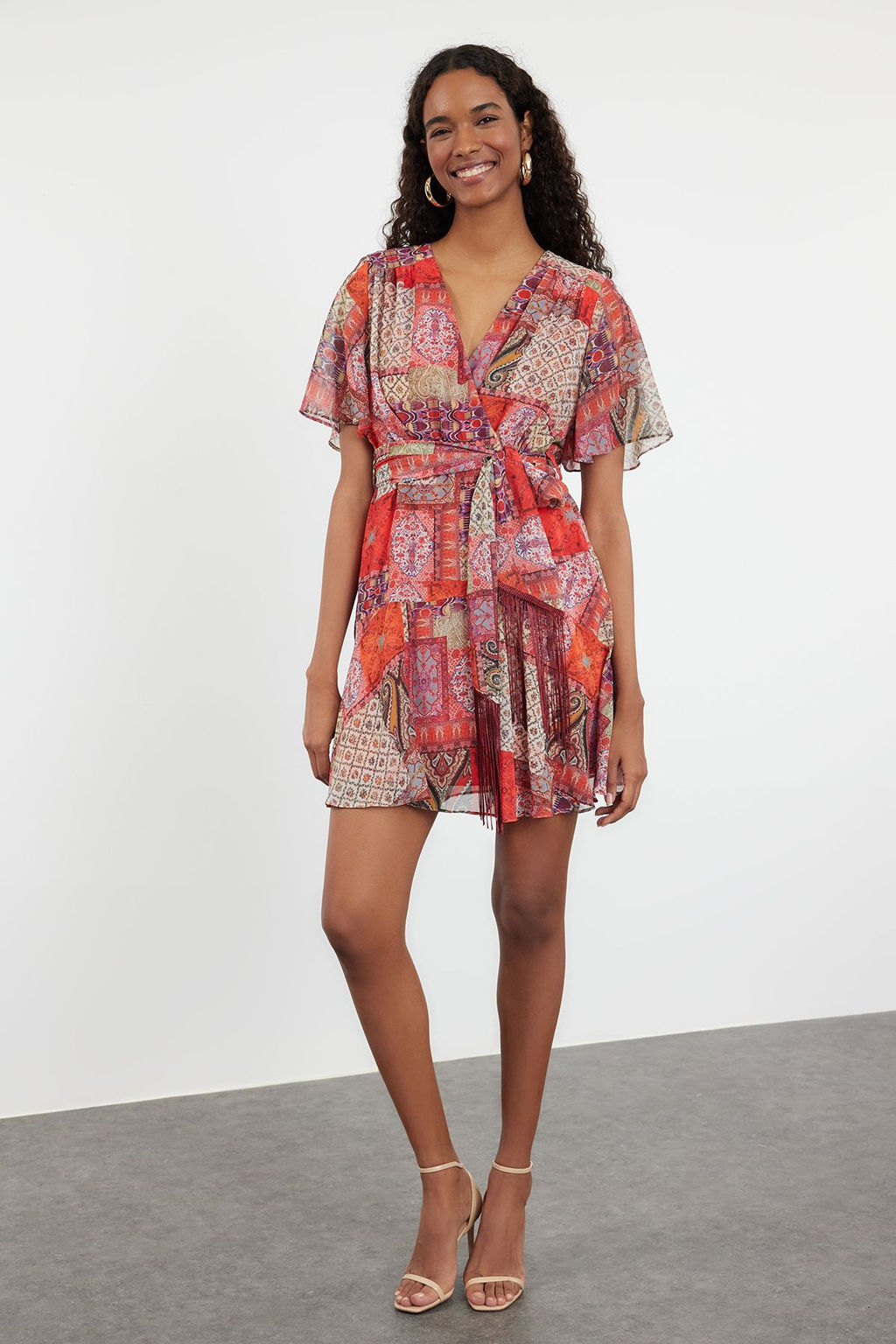 Cok Renkli A Kesim Puskul Detayl? Sifon Astarl? Mini Dokuma Elbise TWOSS24EL00808