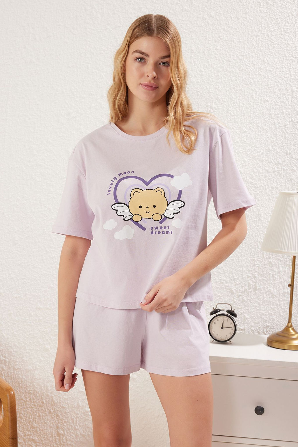 Trendyolmilla Lila %100 Pamuklu Bask?l? Sortlu Orme Pijama Tak?m? THMSS25PT00198