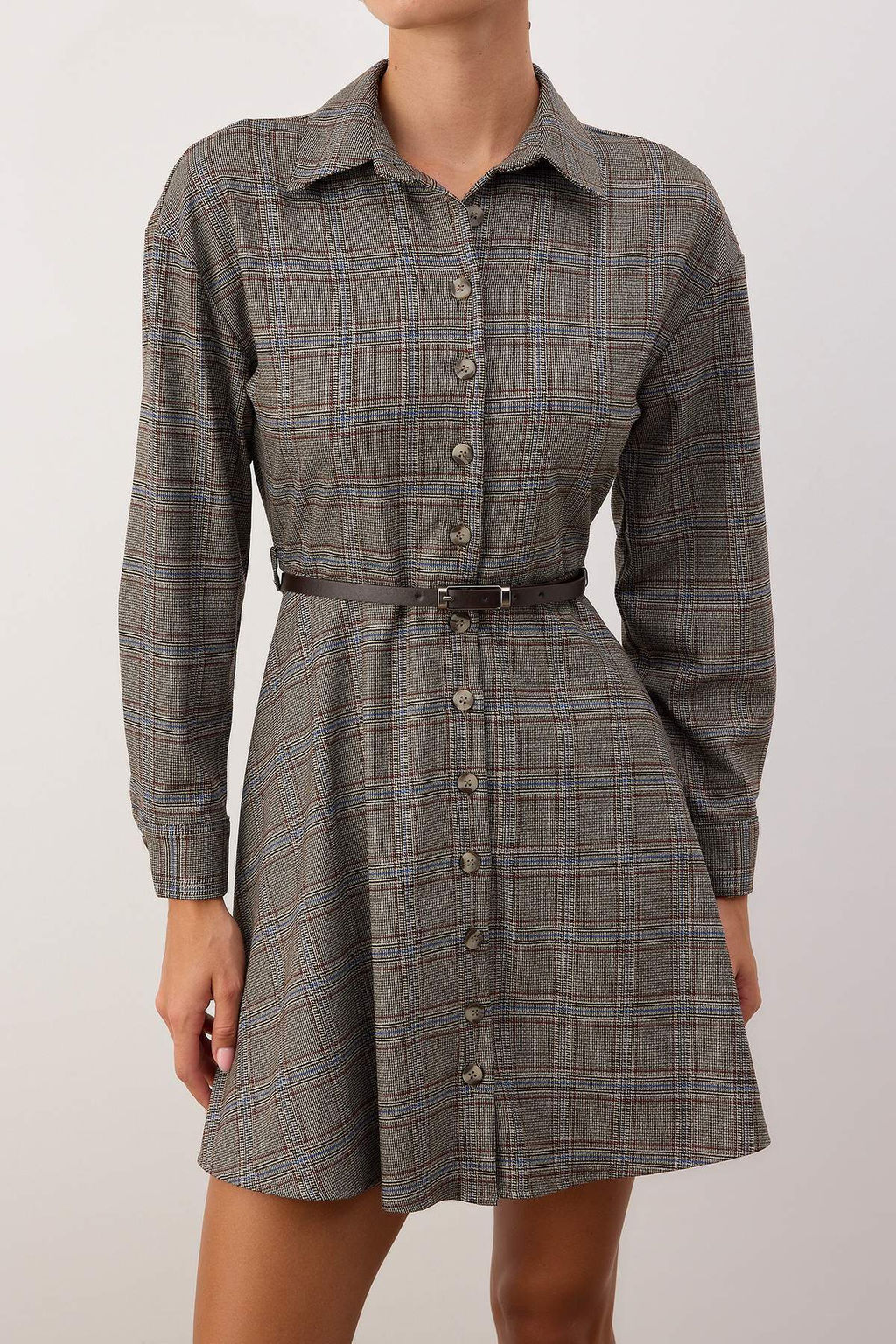 Kahverengi Kemerli Ekose / Kareli Kemerli K?sa / Mini Dokuma Elbise TWOAW26EL00185 - Trendyolmilla фото 3