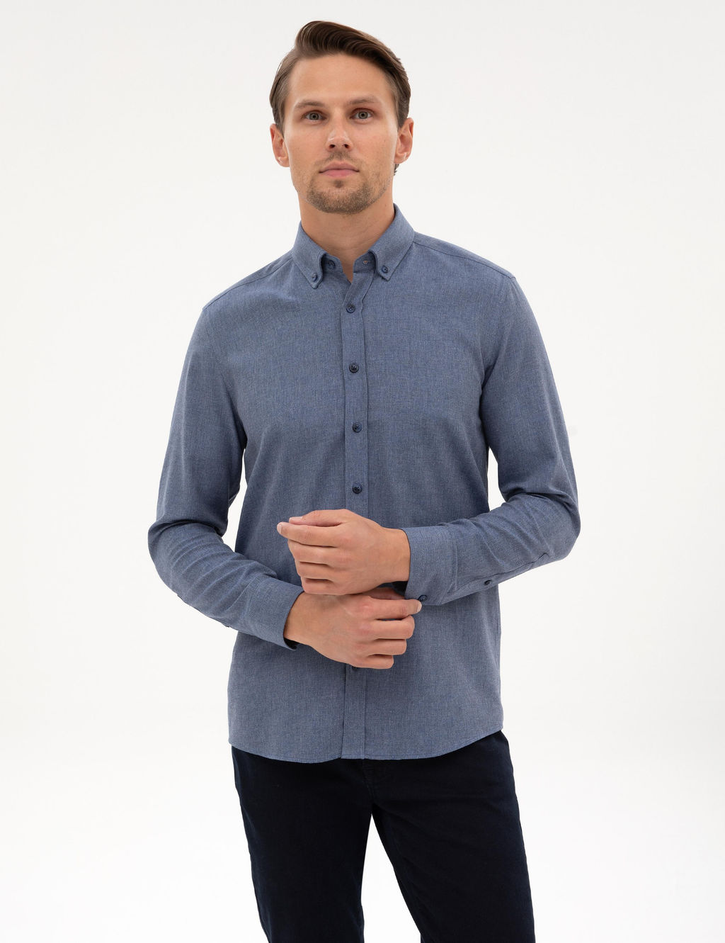 Koyu Mavi Flanel Dokulu Slim Fit Uzun Kollu G_mlek