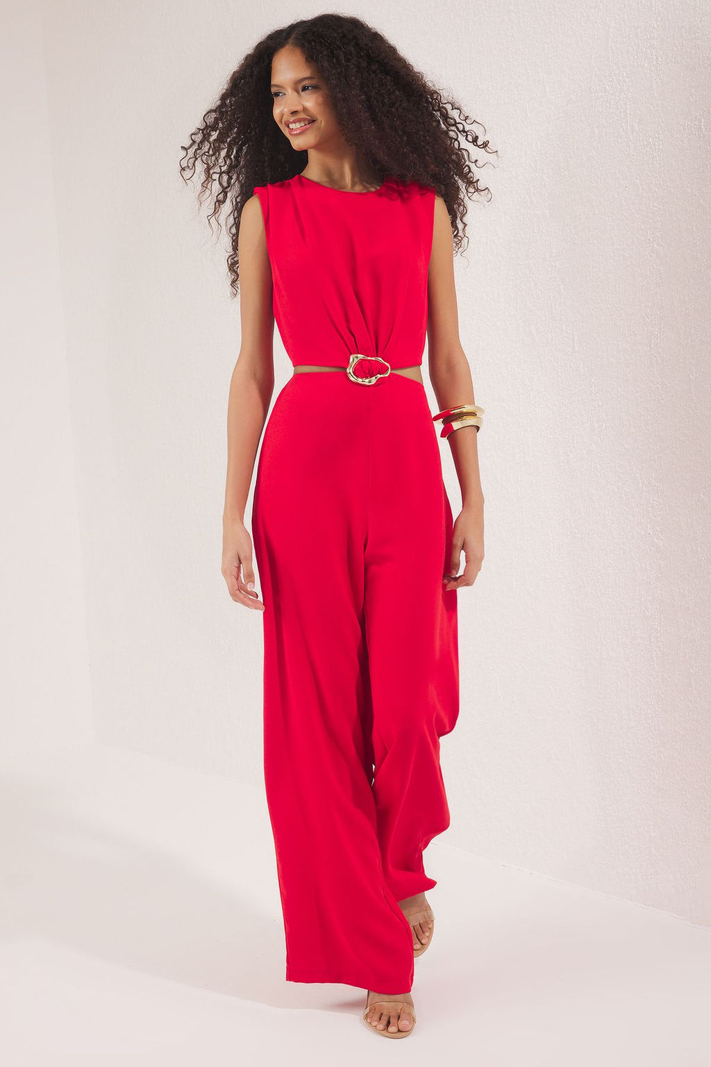 K?rm?z? Cut Out/Pencere ve Toka Detayl? Genis Paca Dokuma Krep Tulum TWOSS25TU00065