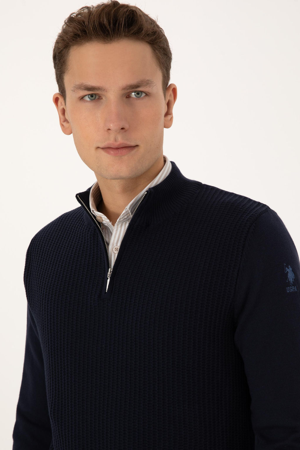 Erkek Slim Fit Yar_m Fermuarl_ Lacivert Kazak