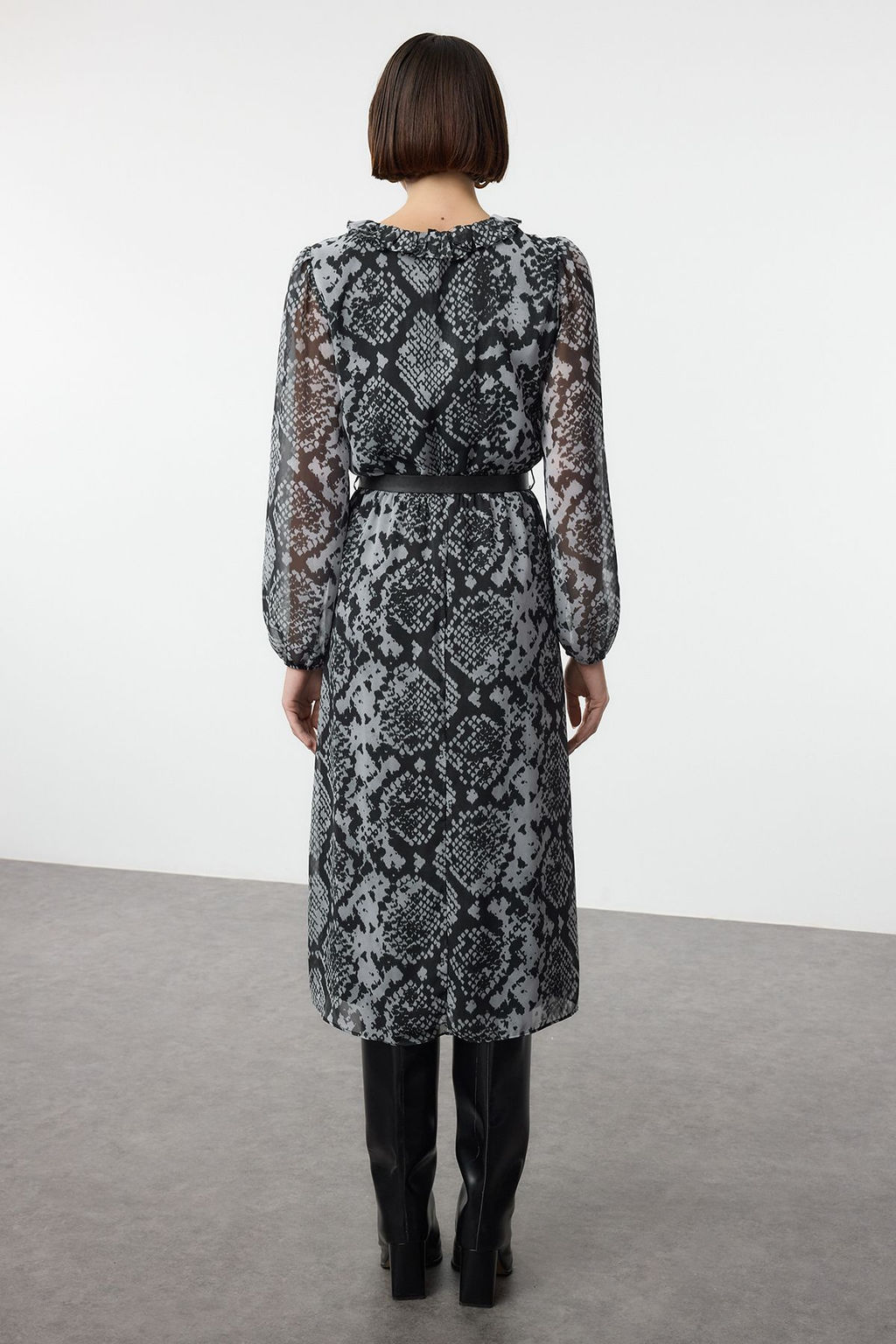 Siyah Animal Kemerli Midi Dokuma Elbise TWOAW25EL00341 - Trendyolmilla фото 5