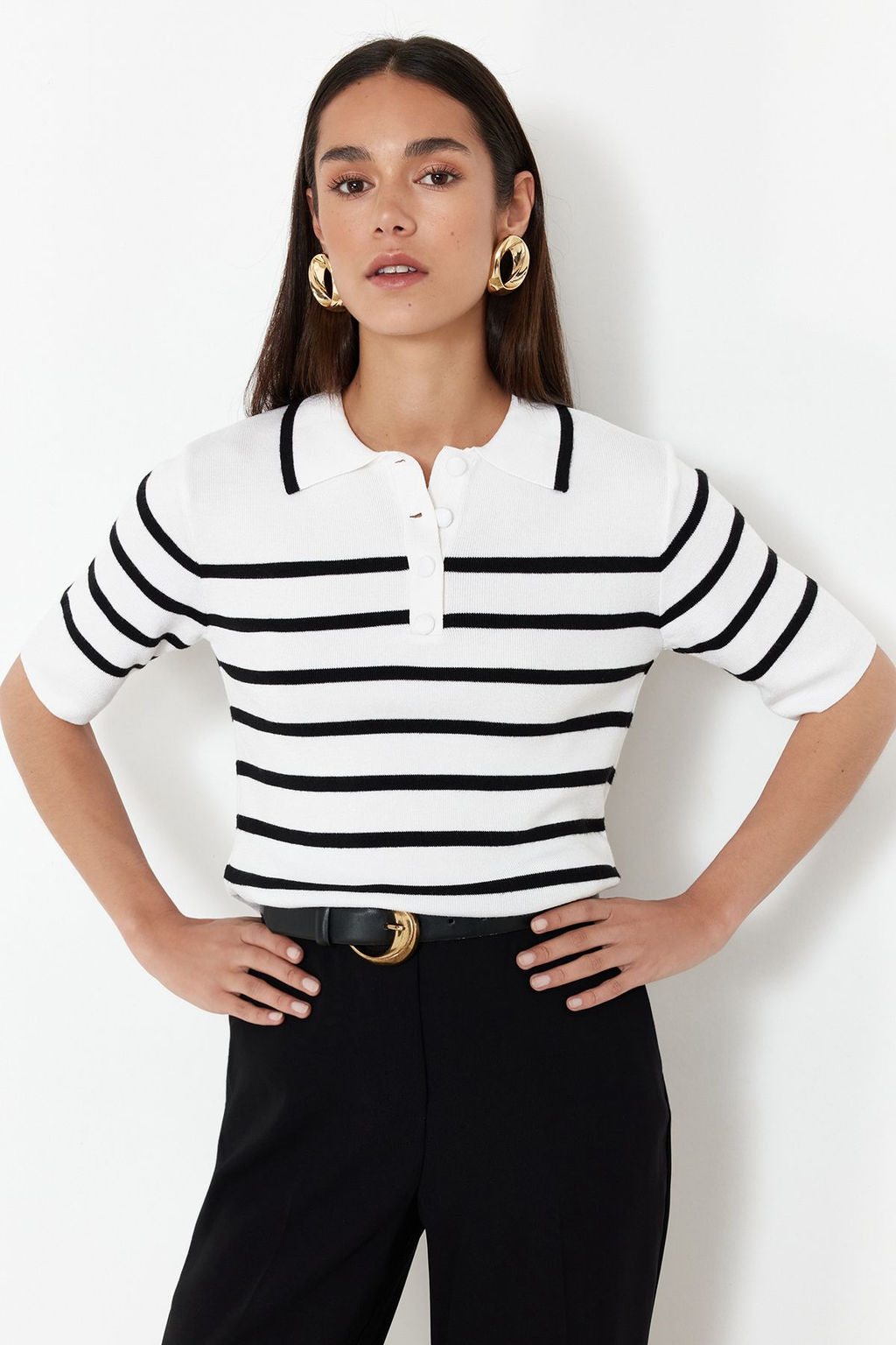 Ekru Premium Kalite Polo Yaka Cizgili Triko Kazak TWOSS24KZ00048