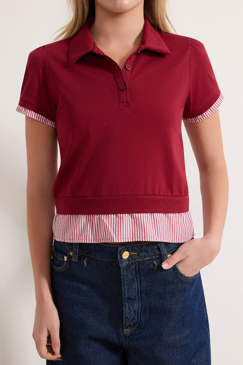 Bordo Regular/Normal Kal?p Polo Yaka Dokuma Detayl? Tok %100 Pamuk Orme Bluz TWOSS26BZ00263 - Trendyolmilla фото 3