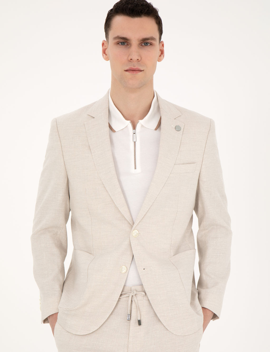 Bej Slim Fit Keten Kar___ml_ _izgili Tak_m Elbise