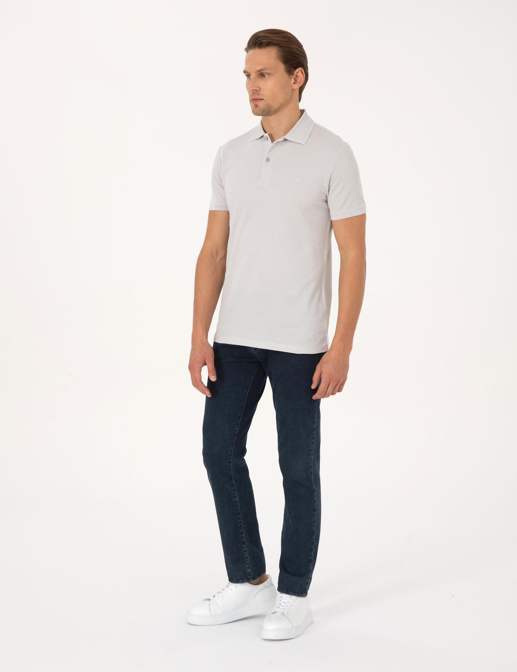 A__k Gri Slim Fit %100 Pamuk K_vr_lmaz Polo Yaka Basic Ti__rt