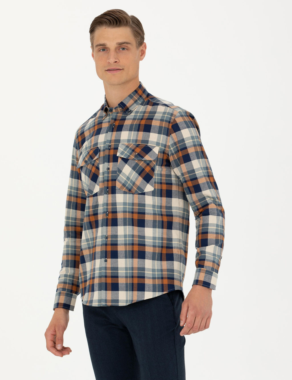 Светло-коричневая рубашка классического кроя с длинным рукавом - Cacharel фото 3