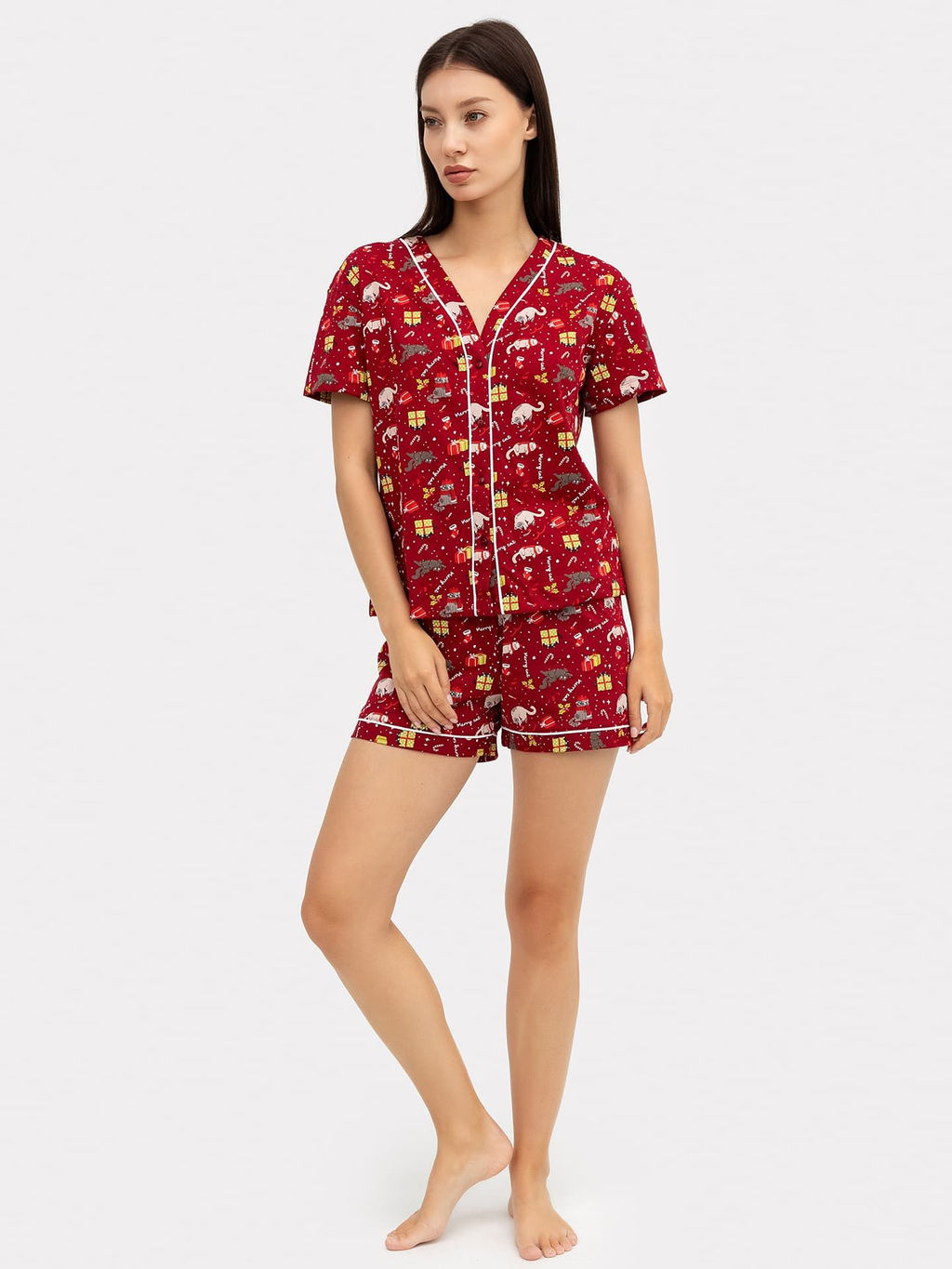 Комплект женский (жакет, шорты) вишнево-красный с котиками