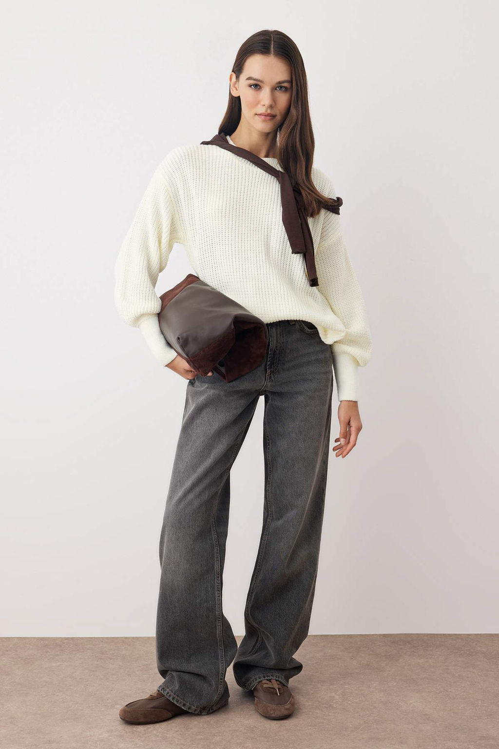 Ekru Genis Kal?p Basic Triko Kazak TWOAW23KZ01448