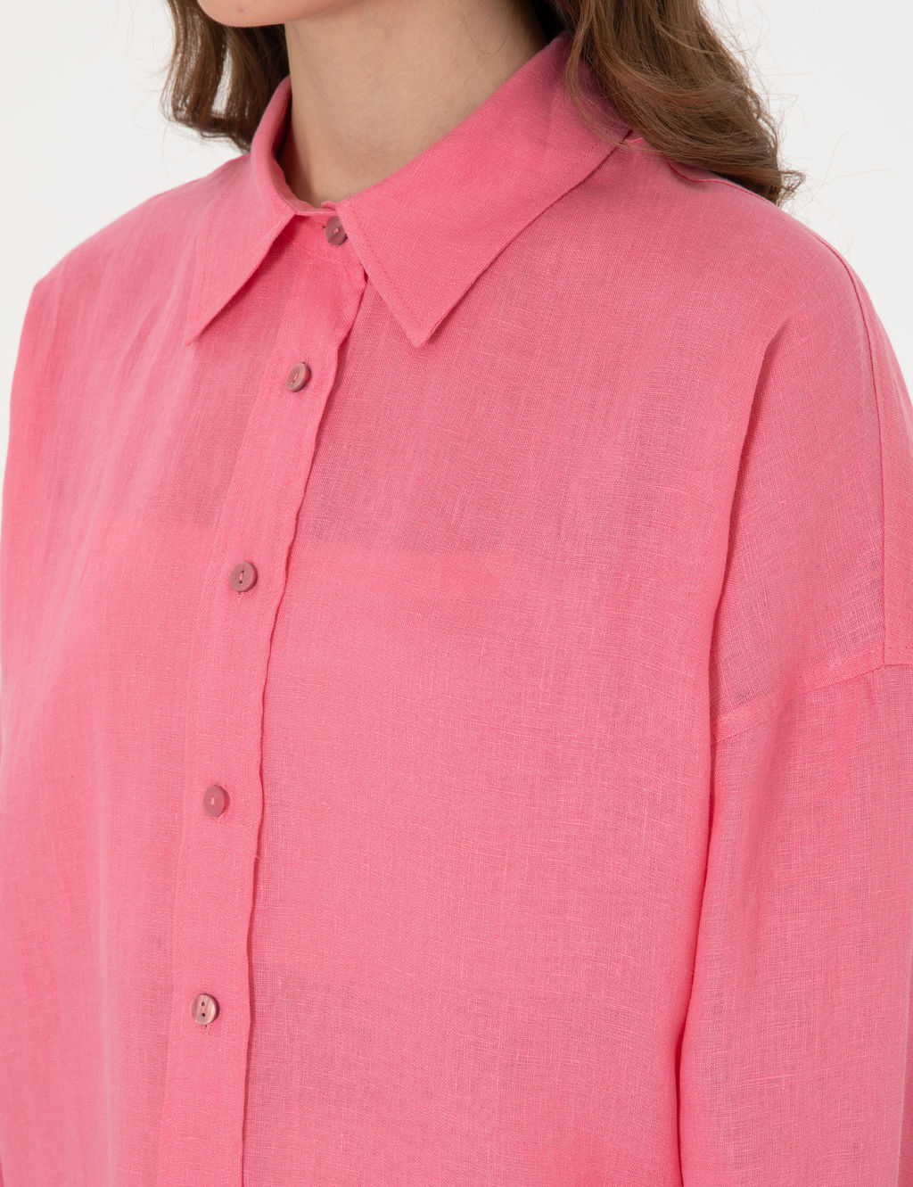 Pembe Oversize Uzun Kollu %100 Keten G_mlek