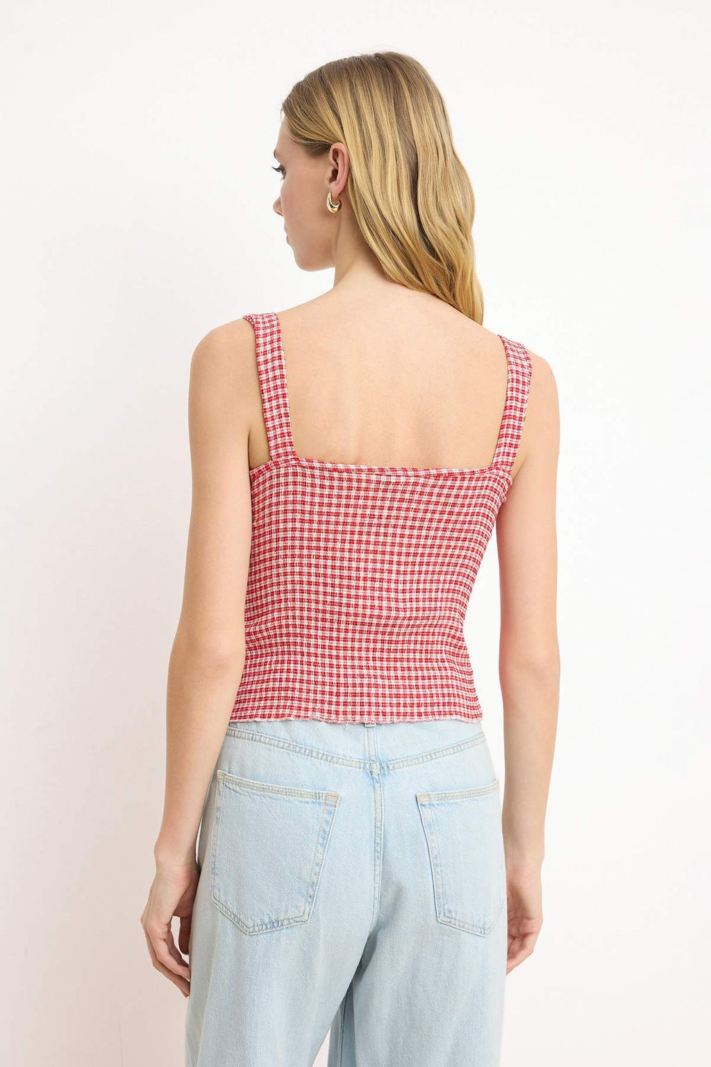 K?rm?z? Poti Kare Desenli Baglama Detayl? Esnek Orme Bluz TWOSS25BZ00234